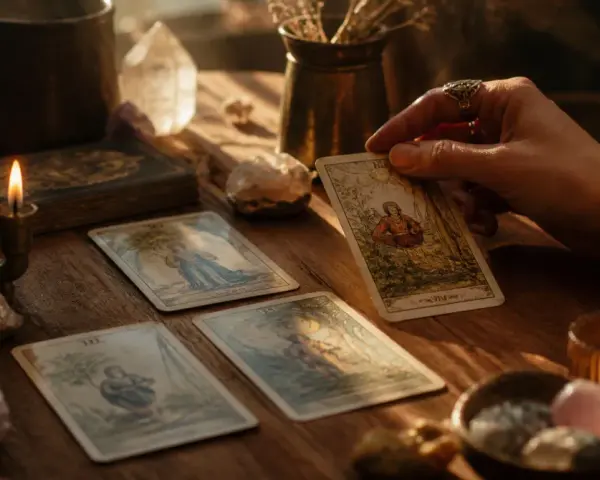 Dłoń trzyma kartę Tarota, a obok leżą inne karty, świeca i kryształy. Poznaj wieża tarot znaczenie.