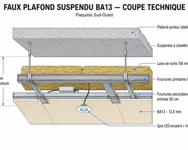 Coupe technique d'un faux plafond suspendu BA13. On voit la dalle béton, l'isolant, la structure métallique et les plaques de plâtre.