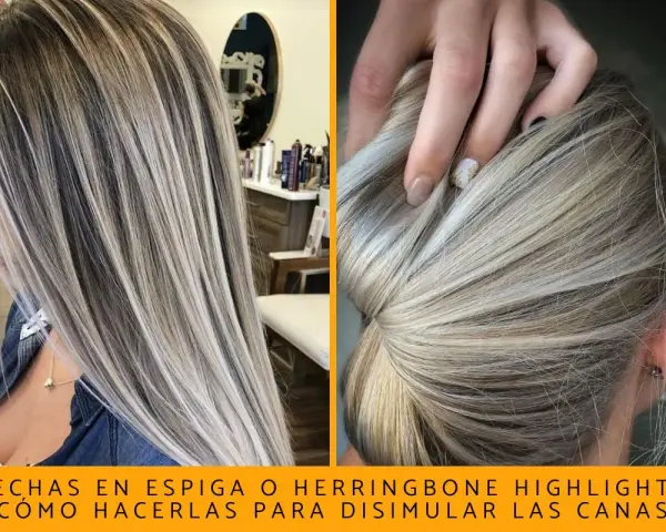 Pelo rubio con mechas plateadas y oscuras, creando un efecto de pelo con canas y mechas que disimula las canas.