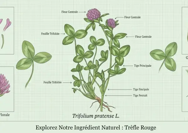 Botanische Darstellung von Rotklee (Trifolium pratense L.) mit Blüten, Blättern, Wurzeln und Samen. Entdecken Sie die rotklee heilwirkung.