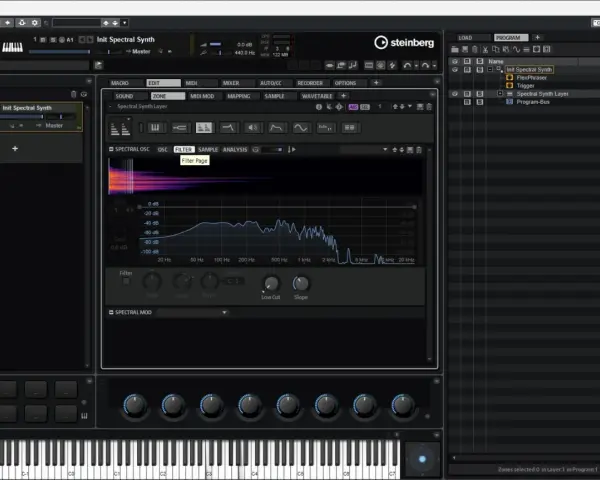 HALion 7 zeigt die Benutzeroberfläche eines Synthesizers mit einem Spektraloszillator und Filter.