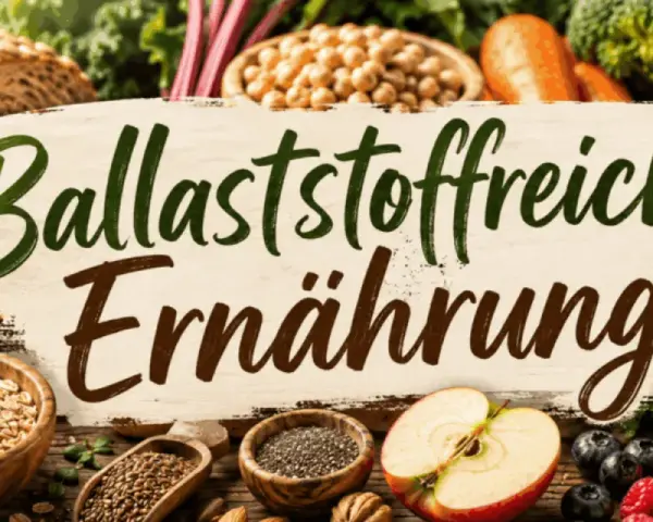 Brot, Haferflocken, Linsen, Beeren und Obst: Eine bunte Vielfalt an ballaststoffreichen Lebensmitteln für eine gesunde Ernährung.