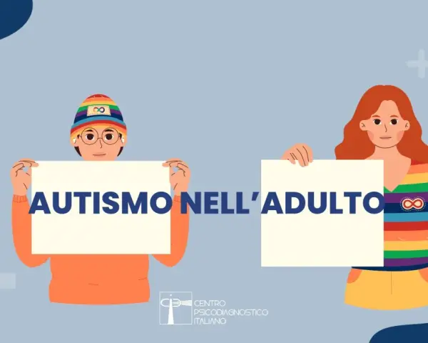 Due persone con cartelli: "AUTISMO NELL'ADULTO". Il centro diagnostico italiano si occupa di chi diagnostica l'autismo negli adulti.