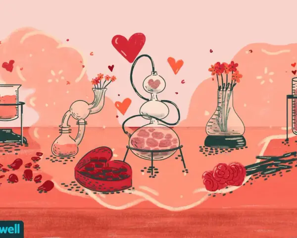 A laboratory setup with beakers, flasks, and test tubes filled with red liquid and flowers, symbolizing the creation of genuine connection.