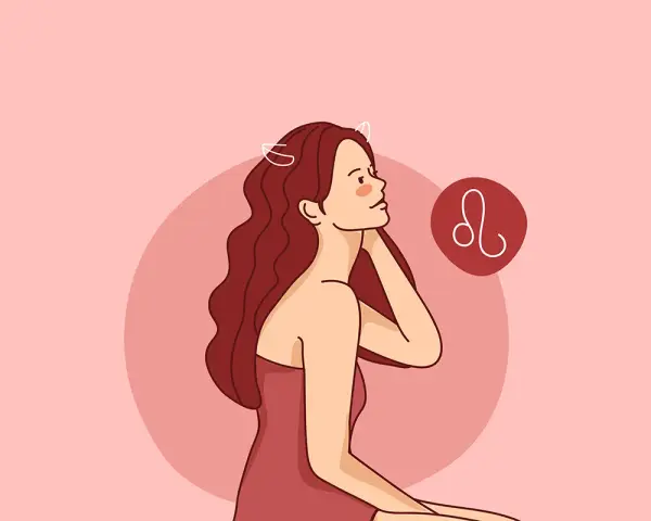 Kobieta z długimi włosami i symbolem Lwa. Jej postawa sugeruje pewność siebie, typową dla lew znak zodiaku charakterystyka.