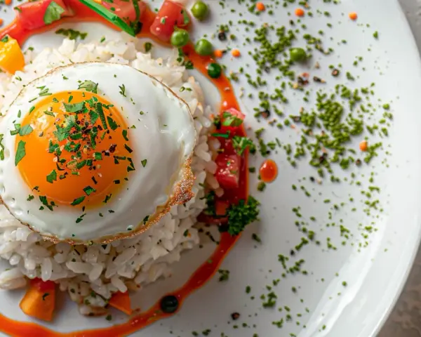 Arroz a la cubana con huevo frito, tomate, guisantes y salsa.