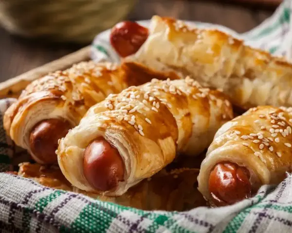 Chrupiące parówki w cieście francuskim z serem żółtym, posypane sezamem, w koszyku wyłożonym serwetką.