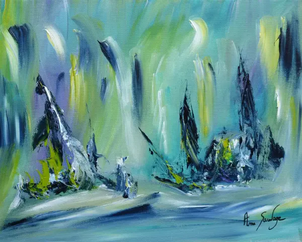 Peinture acrylique sur peinture à l'huile, évoquant des formes abstraites sombres sur un fond aquatique aux tons verts et bleus.