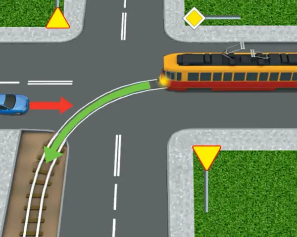 Skrzyżowanie, gdzie tramwaj ma pierwszeństwo. Niebieski samochód ustępuje miejsca, zielona strzałka pokazuje tor jazdy tramwaju.