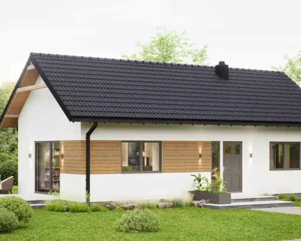 Nowoczesny budynek rekreacji indywidualnej z białymi ścianami, drewnianymi akcentami i czarnym dachem. Otoczony zielenią, z tarasem i meblami ogrodowymi.