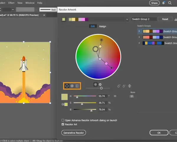 Panel "Recolor Artwork" w Adobe z kołem kolorów, rakietą kosmiczną i opcjami zmiany barw.