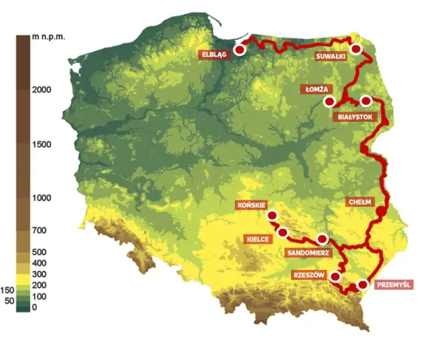 Mapa Polski z zaznaczoną trasą rowerową od Elbląga po Przemyśl. To najdłuższa trasa rowerowa w Polsce, prowadząca przez Suwałki, Białystok, Łomżę, Chełm, Rzeszów, Sandomierz, Kielce i Końskie.