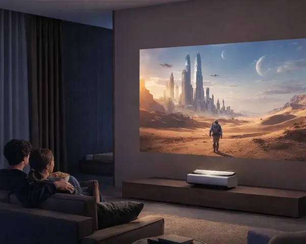 Para ogląda film na wielkim ekranie, gdzie projektor zamiast tv wyświetla futurystyczne miasto na pustyni.