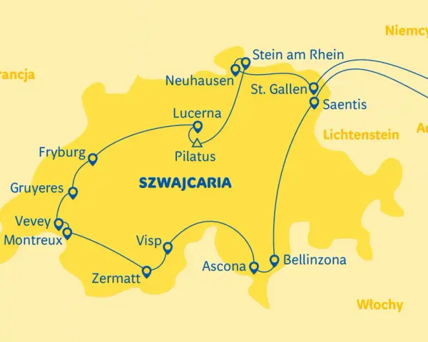 Mapa Szwajcarii z trasą grand tour: Fryburg, Lucerna, Pilatus, Zermatt, Ascona, Bellinzona, Stein am Rhein.
