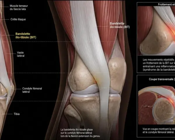Anatomie du genou montrant le frottement de la bandelette ilio-tibiale sur le condyle fémoral, cause du syndrome de l'exercice essuie-glace.