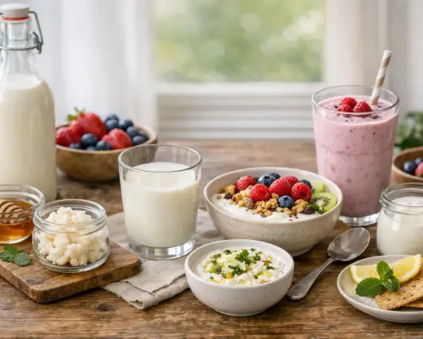 Un assortiment de produits laitiers et de fruits frais, incluant du kefir vivant, du lait, des baies, un smoothie et du yaourt.