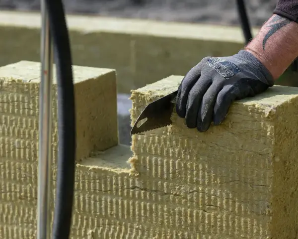 Ręka w rękawicy tnie piłą wełnę skalną 10. Materiał izolacyjny jest cięty na budowie.