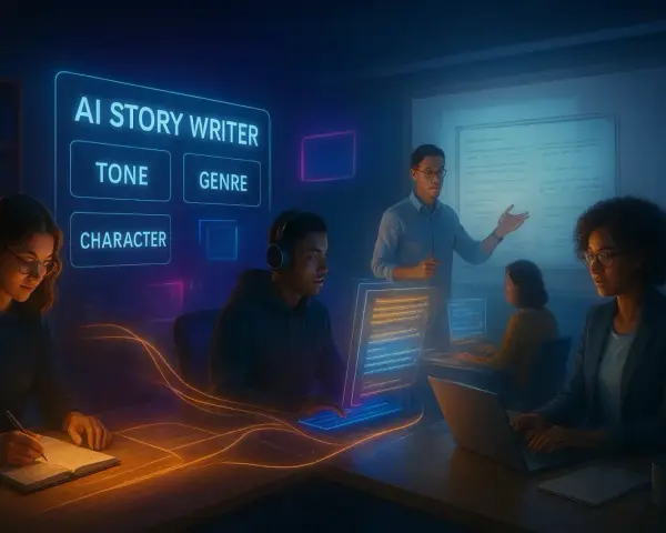 Un grupo de personas trabaja en un aula futurista, usando IA para escribir historias. La pantalla muestra "AI STORY WRITER" con opciones como TONE, GENRE y CHARACTER, sugiriendo una **elipsis narrativa** en la creación de contenido.