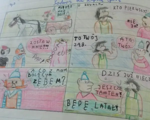 Jak narysować komiks do szkoły? Dzieci rysują historię o zębach i lataniu.
