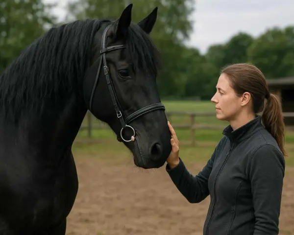 Une femme caresse la tête d'un magnifique cheval frison noir, une connexion paisible dans un pré.