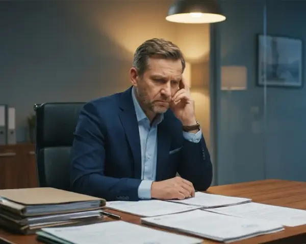 Zamyślony prezes spółki z o.o. przy biurku, zastanawia się, czy odpowiada swoim majątkiem.