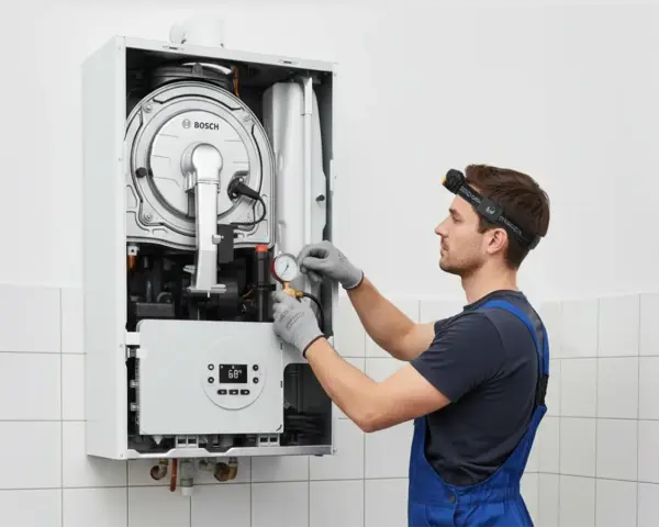 Tecnico controlla la pressione caldaia a 2 bar con manometro.