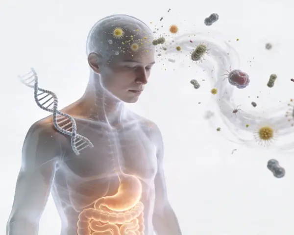 Representación de un cuerpo humano con ADN y virus, sugiriendo una posible alergia al vaper y su impacto en el sistema.