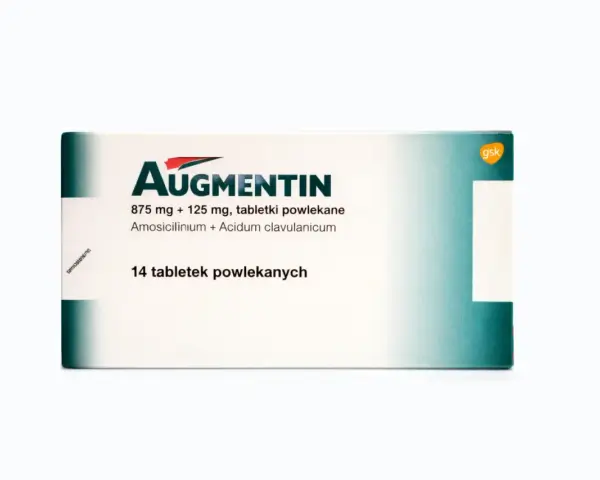 Opakowanie leku Augmentin 875 mg + 125 mg, zawierające 14 tabletek powlekanych.