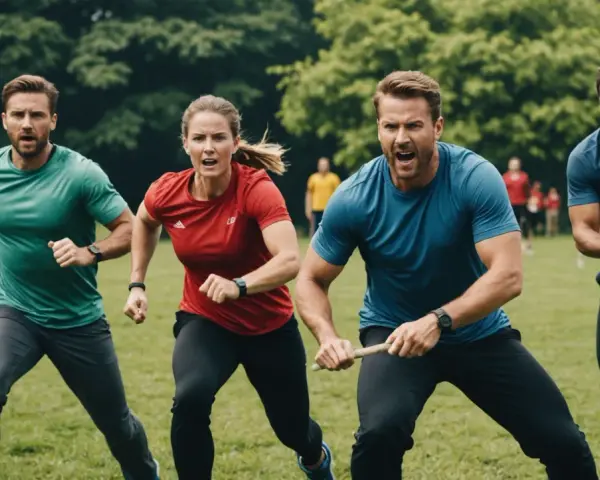 Quatre personnes en tenue de sport courent sur l'herbe, déterminées. Un défi sportif d'entreprise en plein air.