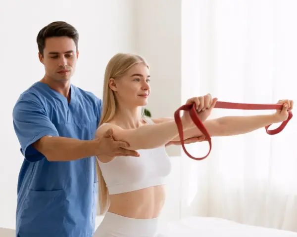 Un chinesiologo, un vero medico, guida una paziente in un esercizio con elastico rosso per migliorare la mobilità.