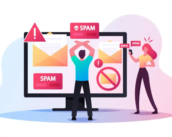 Osoba zrezygnowana przed monitorem z powiadomieniami SPAM, a kobieta z telefonem odbiera kolejne niechciane wiadomości.