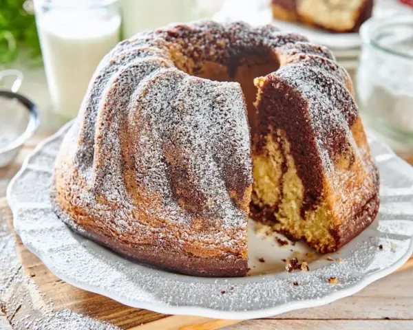 Wilgotna babka marmurkowa na oleju, oprószona cukrem pudrem, kusi apetycznym wyglądem. Idealna na deser.