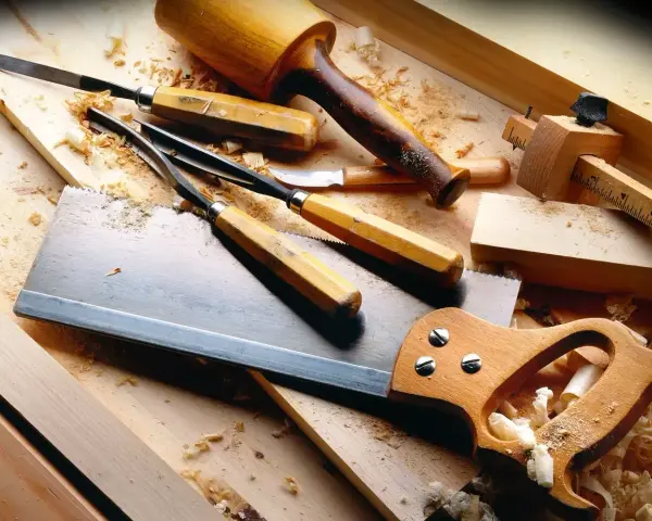 Attrezzi da falegname, seghetto, scalpelli, mazzuolo e truschino, pronti per lavorare il legno per hobby.