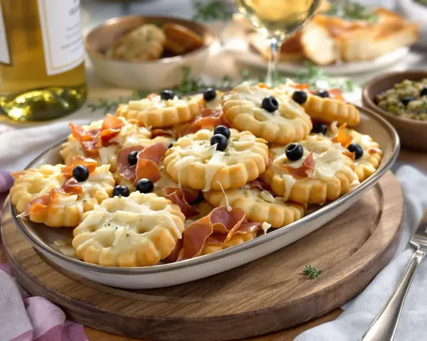 Plate of cookies salés originaux topped with cheese, prosciutto and olives, served with white wine.