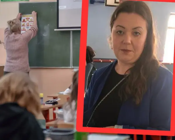 Nauczycielka pomaga uczniom z problemami z matematyką. W tle widać dzieci siedzące w ławkach.