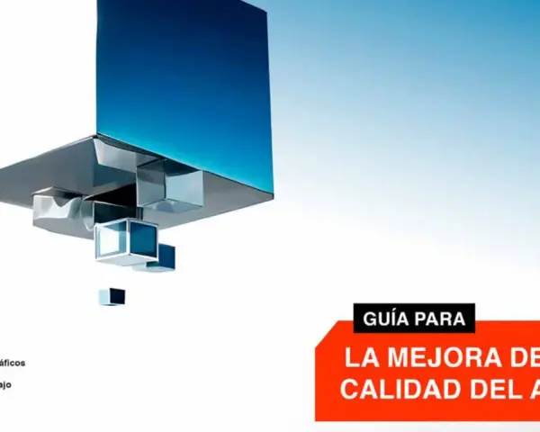 Guía para la mejora de la calidad del aire, con cubos abstractos y el logo de Smart City Cluster.
