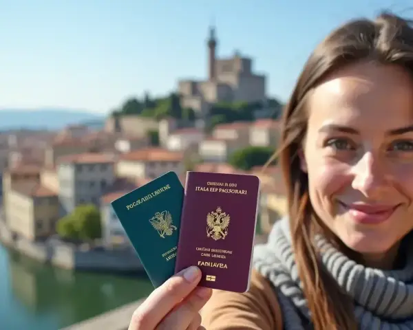 Uśmiechnięta kobieta trzyma paszporty na tle włoskiego miasta. Czy do Włoch potrzebny jest paszport? Tak, jeśli podróżujesz spoza strefy Schengen.