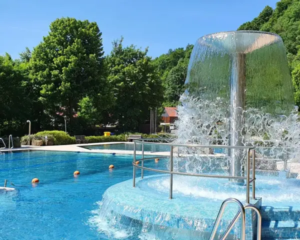 Erfrischender Brunnen im Naturbad Elbingerode, umgeben von grünen Bäumen und blauem Wasser.