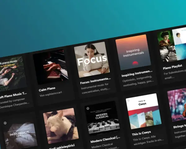 Spotify-Oberfläche mit vielen best Spotify playlists, darunter "Soft Piano Music", "Focus" und "Inspiring Instrumentals".