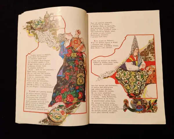 Ilustracja do baśni o carze Sałtanie: car z żoną i dzieckiem, dwórki, kucharka, tkaczka.