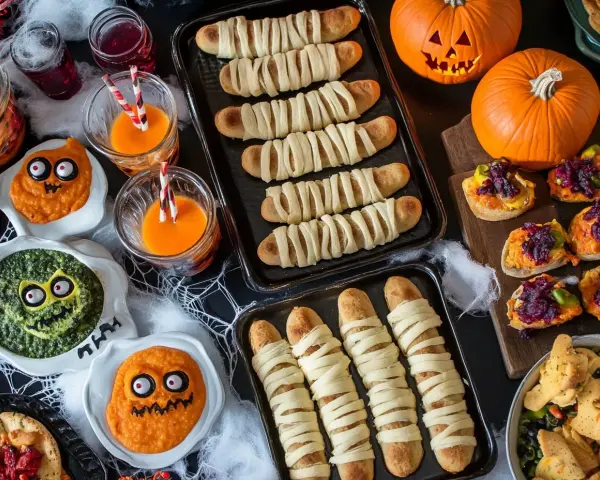 En härlig Halloween-buffé med mumiekorvar, pumpor och läskiga dippar. Perfekt för en mumie halloween-fest!