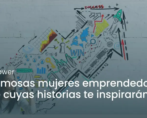 Mujeres emprendedoras famosas: una mujer mira un dibujo de una flecha ascendente con gráficos, llaves y un cohete.