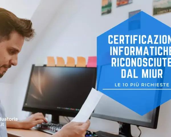 Uomo al computer con testo "Certificazioni informatiche riconosciute dal MIUR".