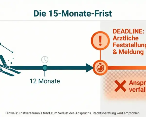 Schema zur 15-Monate-Frist nach einem Unfall. Nach 12 Monaten ist eine ärztliche Feststellung und Meldung für die Unfallversicherung und Schmerzensgeld nötig, sonst verfällt der Anspruch.