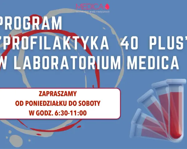 Grafika z napisem "PROGRAM PROFILAKTYKA 40 PLUS W LABORATORIUM MEDICA" i probówkami.