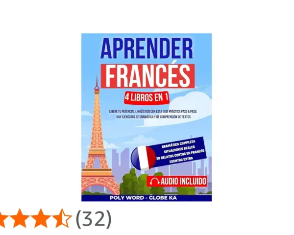 Portada de libro "Aprender Francés", con la Torre Eiffel y la bandera francesa. Incluye "comic en francés" y "audio incluido".