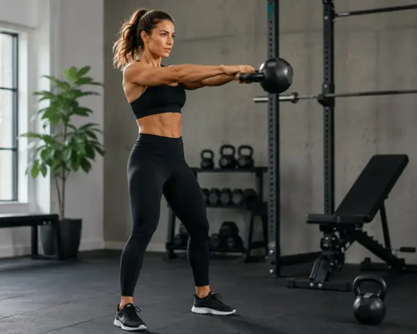 En kvinna utför kettlebell rodd i ett gym. Hon håller en kettlebell framför sig med raka armar.