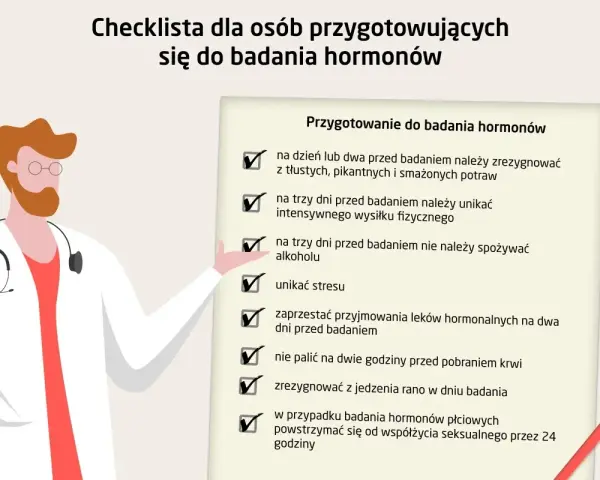 Lekarz z listą kontrolną przygotowania do badań hormonów. Unikaj stresu, alkoholu i tłustych potraw, by wyniki były wiarygodne.