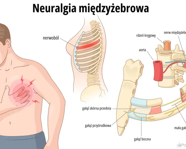 Ilustracja przedstawia mężczyznę z bólem w klatce piersiowej, wskazującym na neuralgię międzyżebrową. Widok anatomiczny ukazuje unerwienie żeber.
