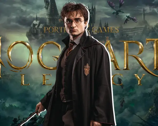 Harry Potter, con su túnica y varita, se alza ante el castillo de Hogwarts. El logo de "Hogwarts Legacy 2" brilla en dorado, rodeado de dragones y misterio.